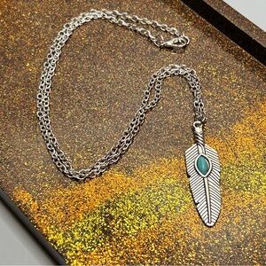 Silver Tone Feather Pendant Necklace with Turquoise Stone Accent